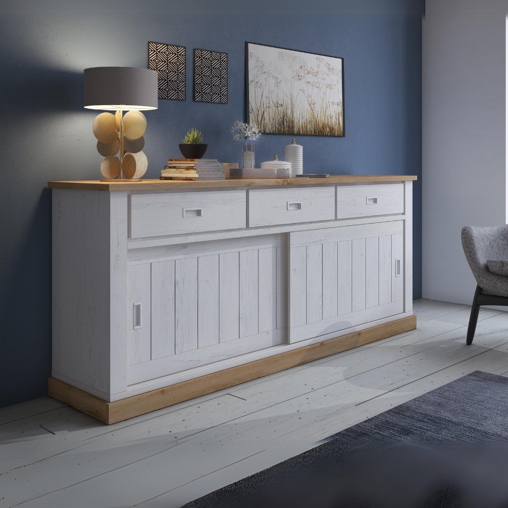 Credenza colore pino bianco e rovere wotan 3 cassetti e 2 ante scorrevoli Anthony67070 219,6x49,8x95H