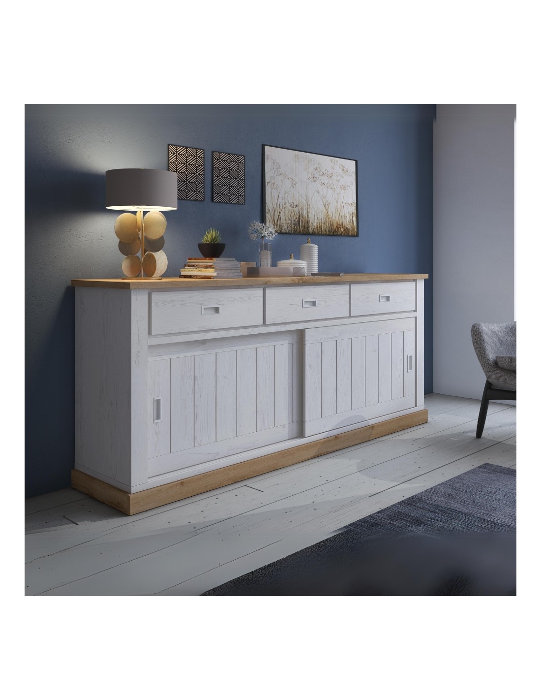 Credenza colore pino bianco e rovere wotan 3 cassetti e 2 ante scorrevoli Anthony67070 219,6x49,8x95H