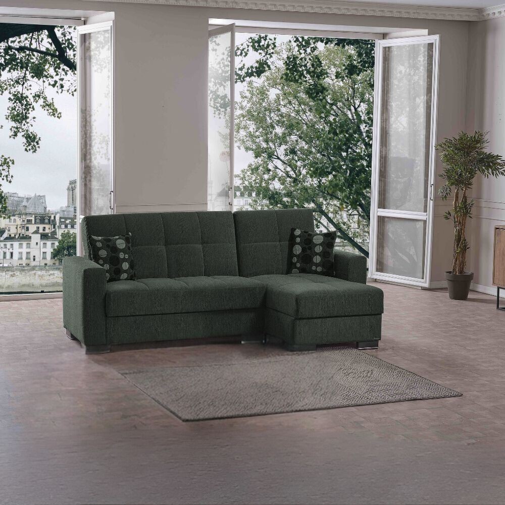 Divano penisola reversibile funzione letto e doppio contenitore tessuto verde oliva Fermina 240x138x99H