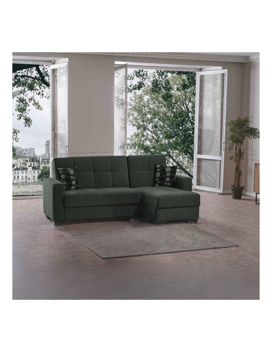 Divano penisola reversibile funzione letto e doppio contenitore tessuto verde oliva Fermina 240x138x99H