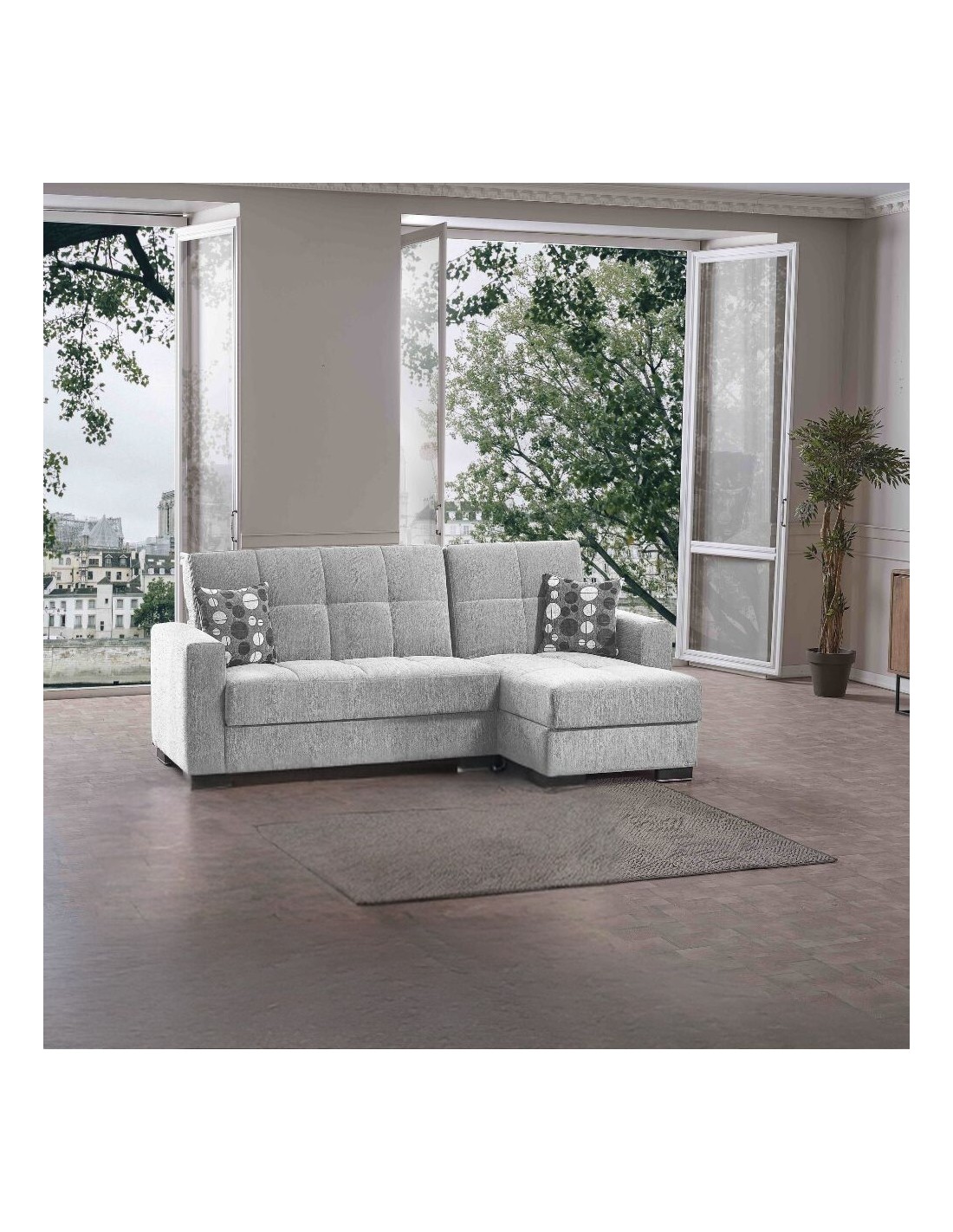 Divano penisola reversibile funzione letto e doppio contenitore tessuto grigio chiaro Fermina Lounge 240x138x99H