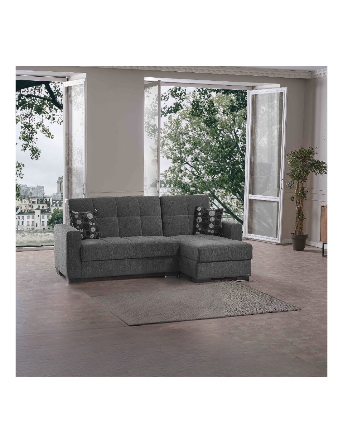 Divano penisola reversibile funzione letto e doppio contenitore tessuto grigio Fermina Lounge 240x138x99H