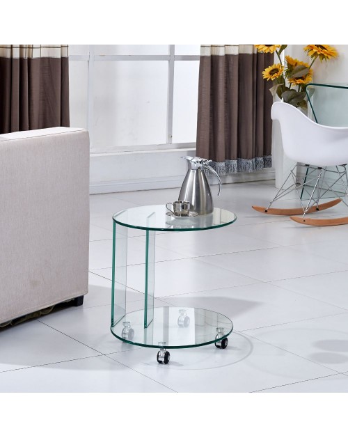 Tavolino ovale da salotto in vetro temperato con ruote Salice 54x45x53H