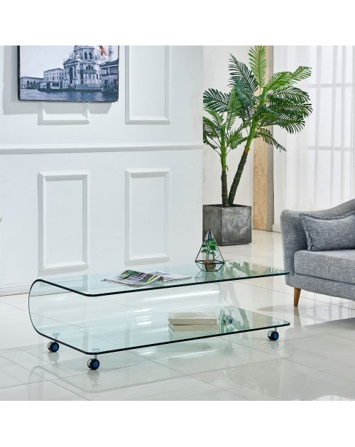 Tavolino basso in vetro temperato curvato con ruote Magnolia 100x60x39H