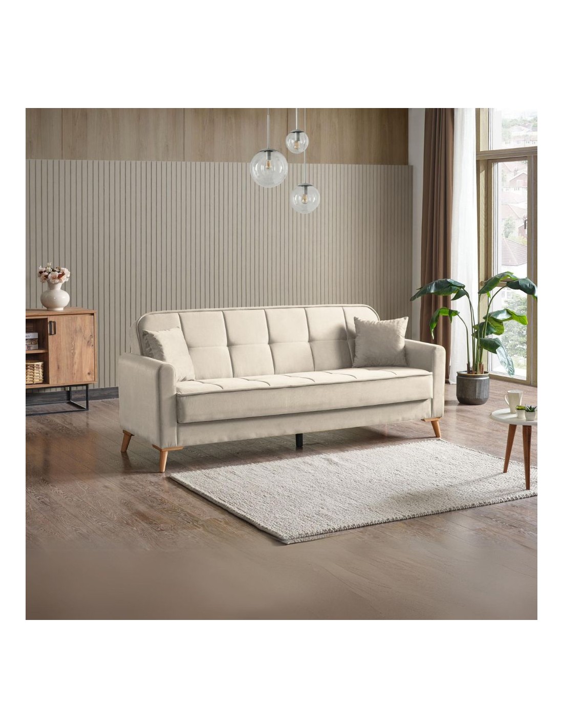 Divano 3 posti con funzione letto e contenitore Marina in tessuto beige 215x85x90H