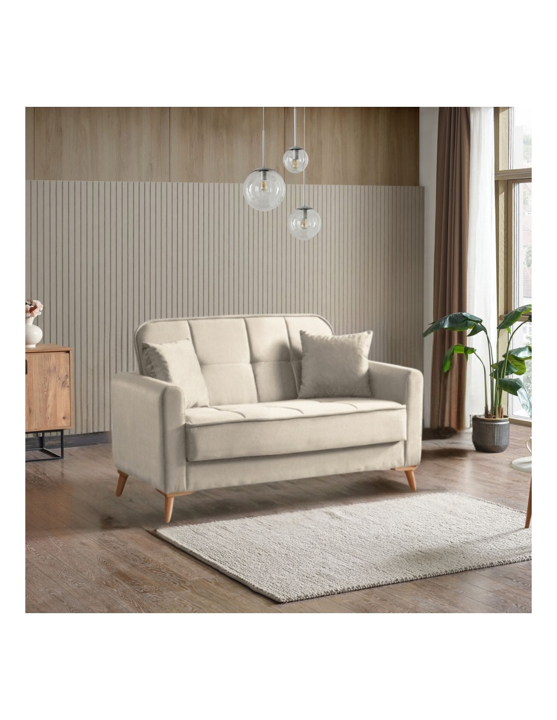 Divano 2 posti con funzione letto e contenitore Marina in tessuto beige 156x85x90H