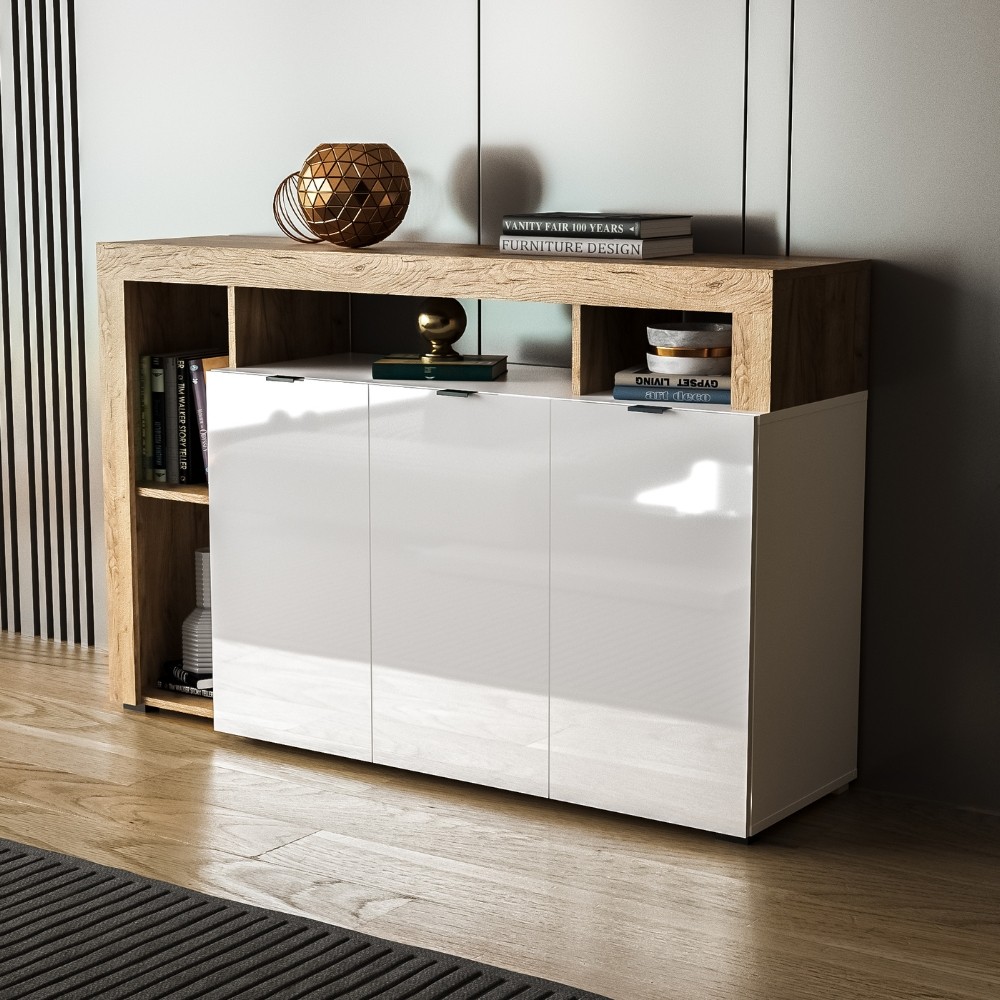 Credenza 4 ante e cornice con vani a giorno rovere tabacco e bianco Nexon4 146x41x93H