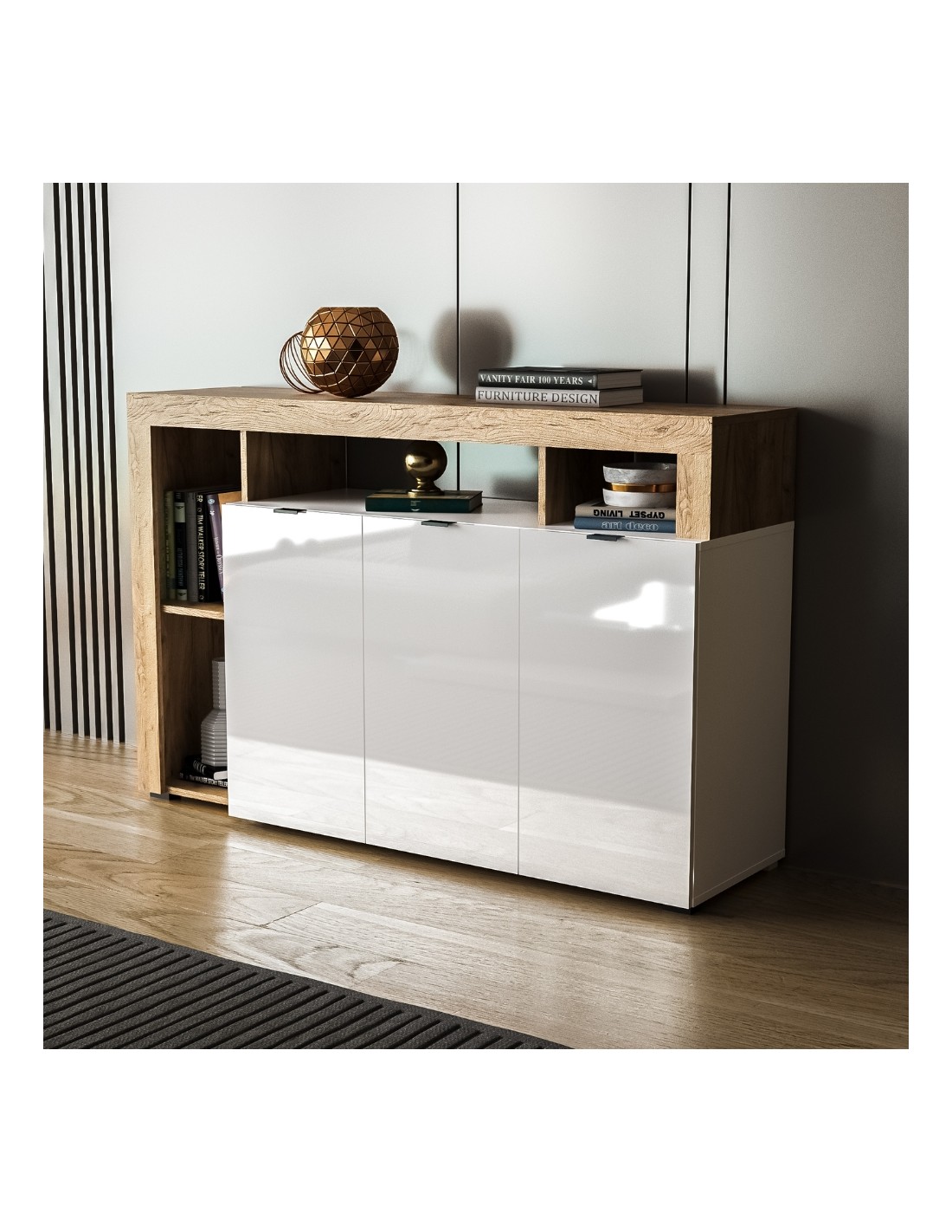 Credenza 4 ante e cornice con vani a giorno rovere tabacco e bianco Nexon4 146x41x93H