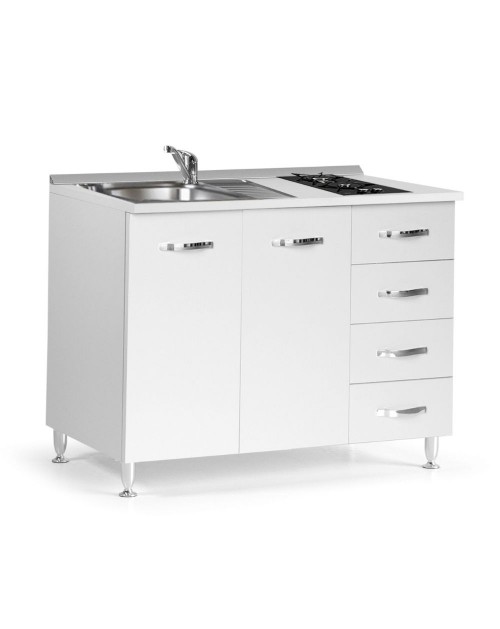 Mini cucina Cucinino120 con cassetti bianco larice lavello e piano cottura 120x60x85H