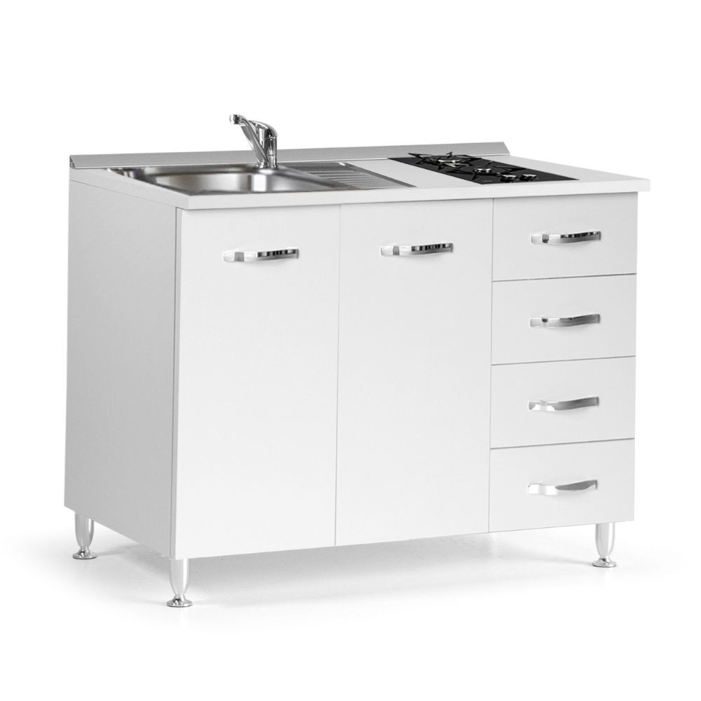 Mini cucina Cucinino120 con cassetti bianco larice lavello e piano cottura 120x60x85H