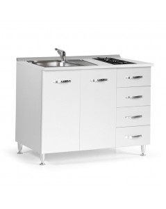 Mini cucina Cucinino120 con cassetti bianco larice lavello e piano cottura 120x60x85H