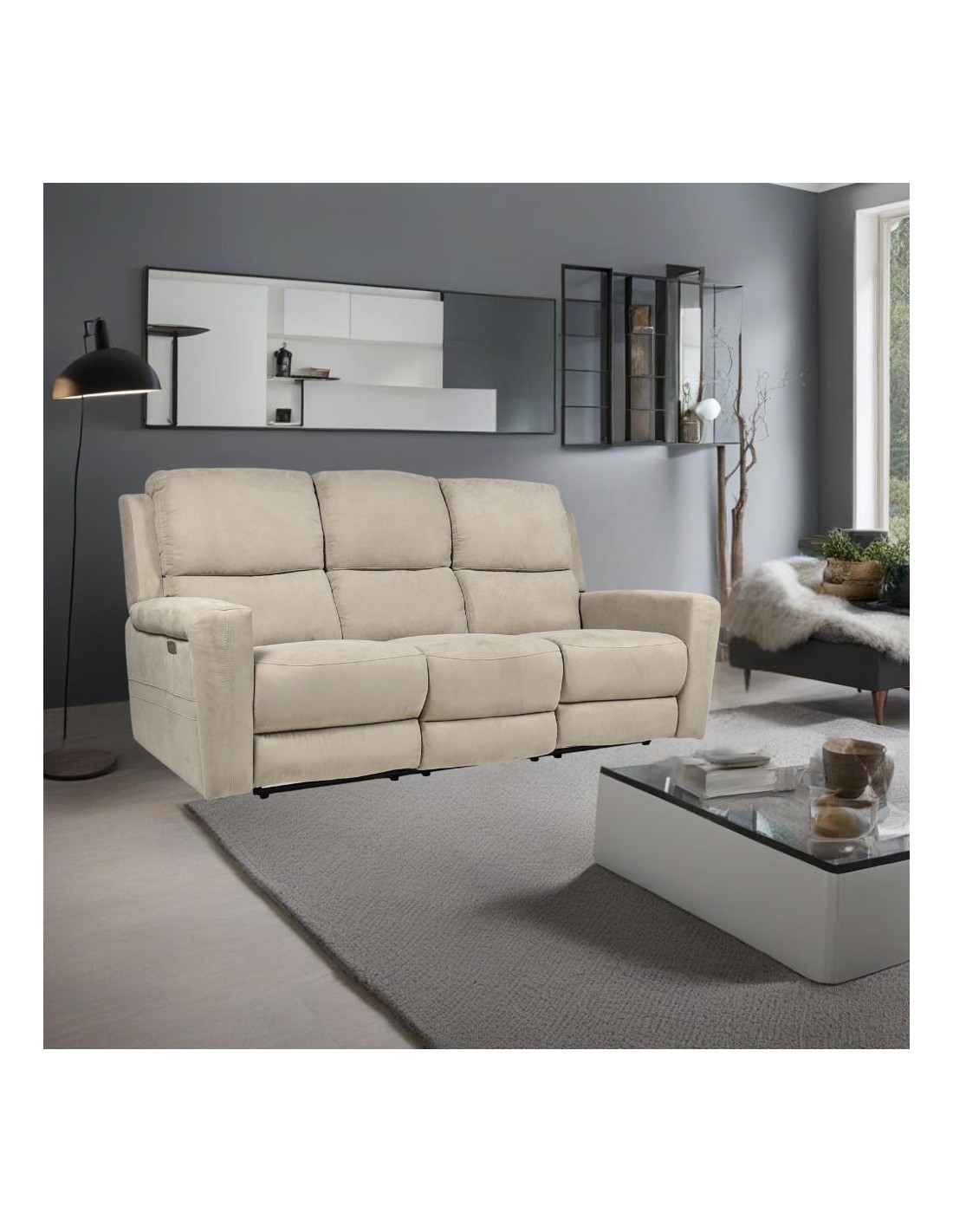 Divano 3 posti recliner elettrici tessuto tortora Claus 211x77x103H