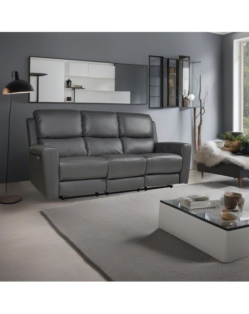 Divano 3 posti recliner elettrici in vera pelle grigio scuro Claus 211x77x103H