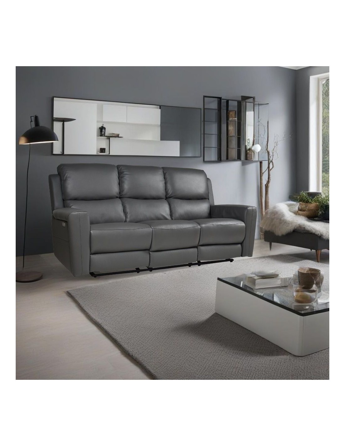 Divano 3 posti recliner elettrici in vera pelle grigio scuro Claus 211x77x103H