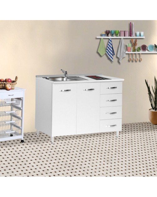 Mini cucina Cucinino120 con cassetti bianco larice lavello e piano cottura vetroceramica 120x60x85H