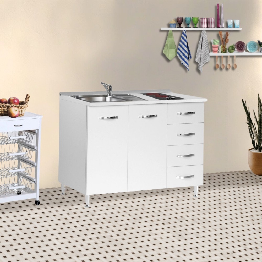 Mini cucina Cucinino120 con cassetti bianco larice lavello e piano cottura vetroceramica 120x60x85H