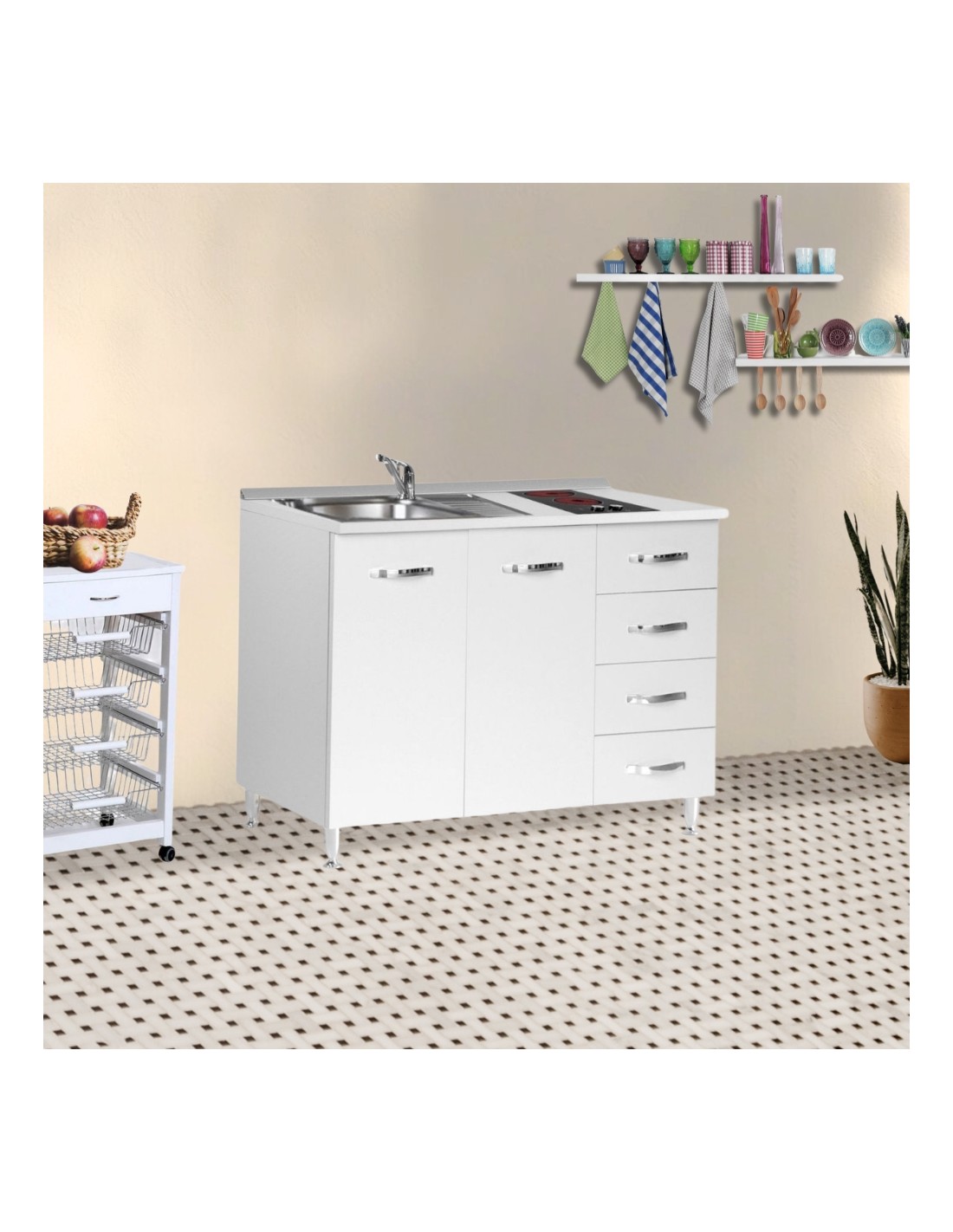 Cucinino120 con cassetti bianco larice lavello e piano cottura vetrocer