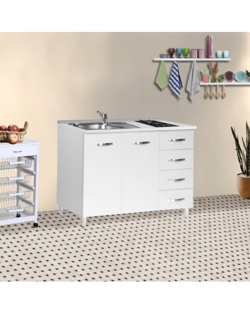 Cucinino120 con cassetti bianco larice lavello e piano cottura 120x60x85H