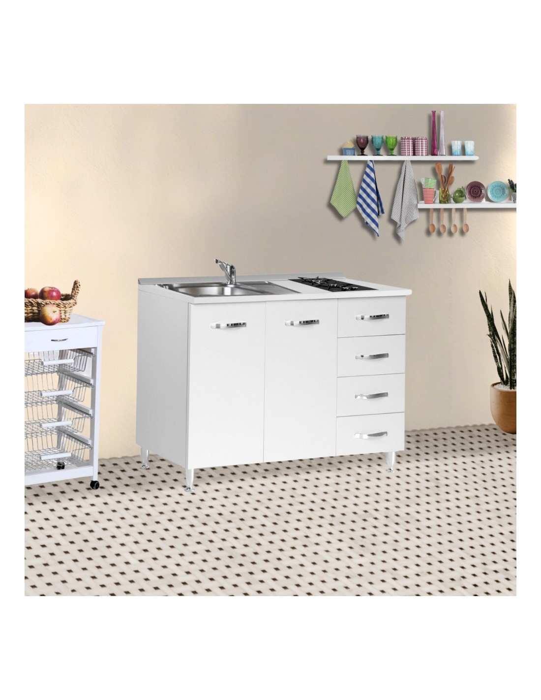 Cucinino120 con cassetti bianco larice lavello e piano cottura 120x60x85H