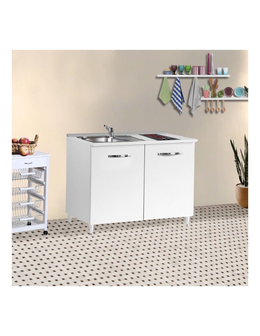 Cucinino120 bianco larice con lavello e piano cottura vetroceramica 120