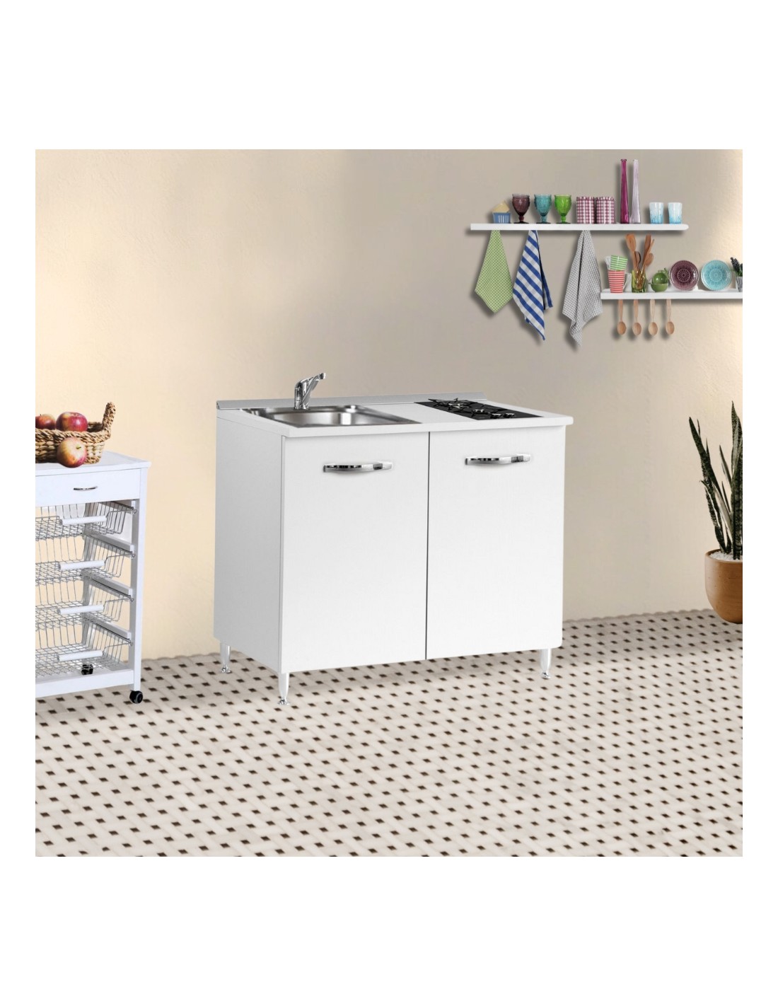 Cucinino80 bianco larice con lavello e piano cottura 80x60x85H