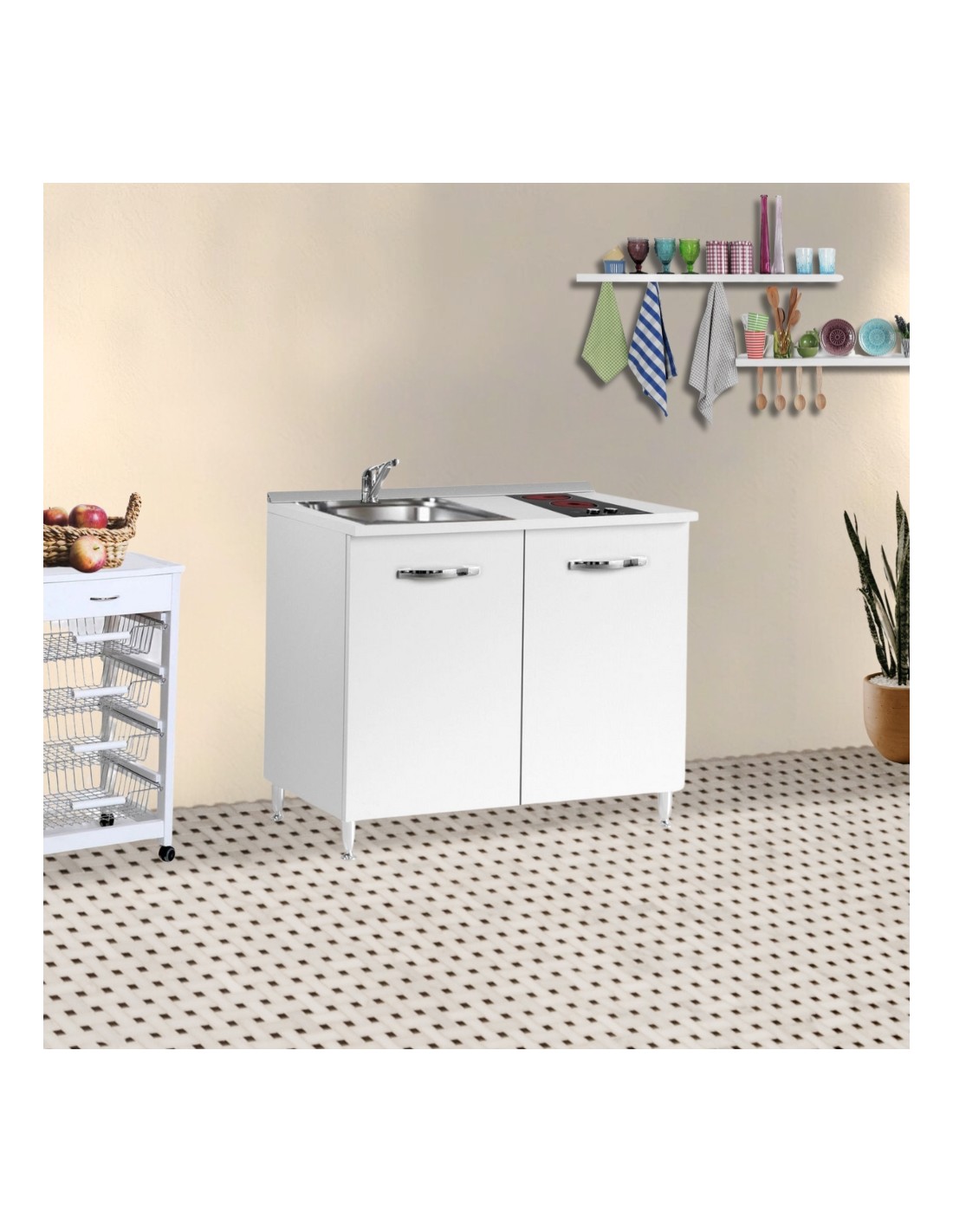 Cucinino80 bianco larice con lavello e piano cottura vetroceramica 80x60x85H