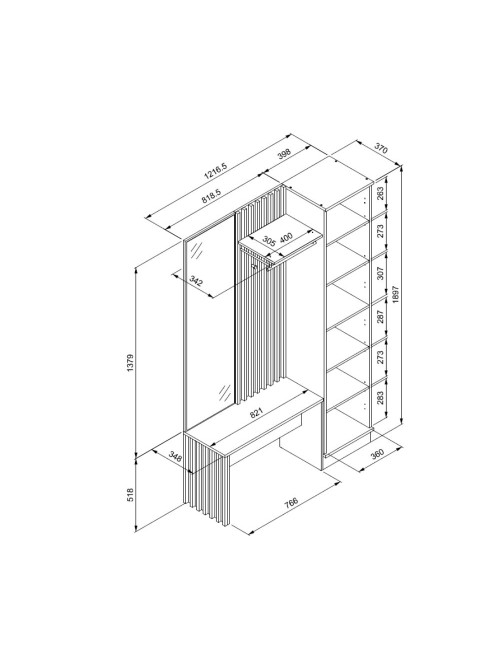 Mobile ingresso con frontale cannettato e specchio Medan42B colore quercia antracite 122x37x190H