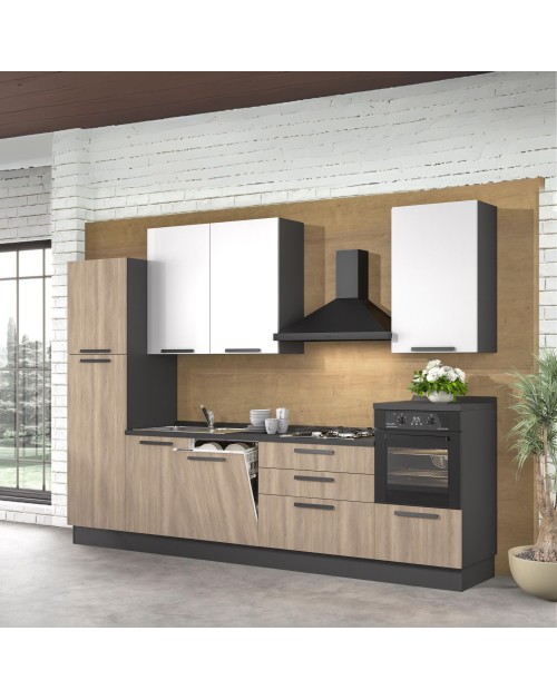 Cucina lineare moderna elettrodomestici inclusi Sinki 330 rovere gordon e bianco