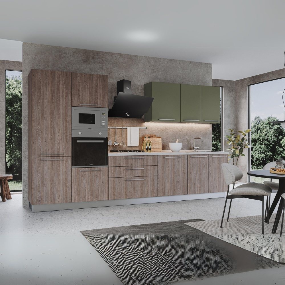 Cucina 360 con elettrodomestici Iris Lusso colore noce stelvio verde pesto opaco