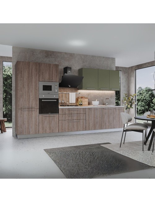 Cucina 360 con elettrodomestici Iris Lusso colore noce stelvio verde pesto opaco