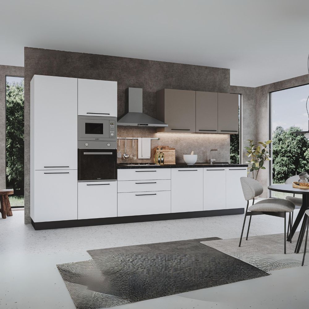 Cucina 360 cm con elettrodomestici Iris Lusso colore bianco opaco tortora