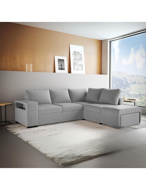 Divano Letto Angolare reversibile Jozzis grigio con funzione letto e bracciolo contenitore 257x188x94H