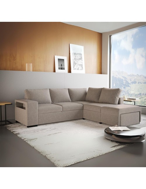 Divano Letto Angolare Jozzis sabbia con funzione letto e bracciolo contenitore 257x188x94H