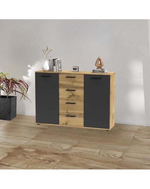 Credenza 2 ante e 4 cassetti rovere e antracite Berno4 120,2x32,5x85,3h