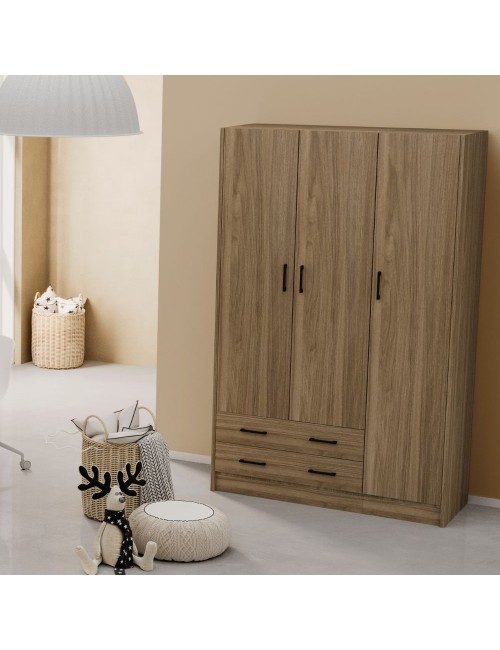 Armadio tre ante e due cassetti 135x52x210h colore noce naturale