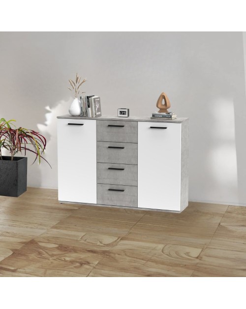 Credenza 2 ante e 4 cassetti cemento e bianco Berno4 120.2x32.5x85.3h