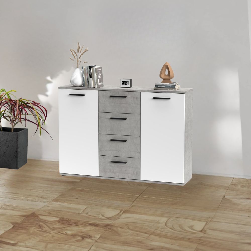 Credenza 2 ante e 4 cassetti cemento e bianco Berno4 120.2x32.5x85.3h