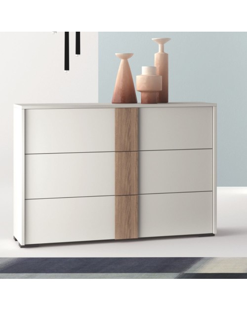 Comò 3 cassetti bianco nuvola e maniglione noce america Kross 112x48x72H