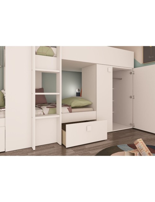 Letto a castello bianco con armadio e cassetti 1277 295x110x150H