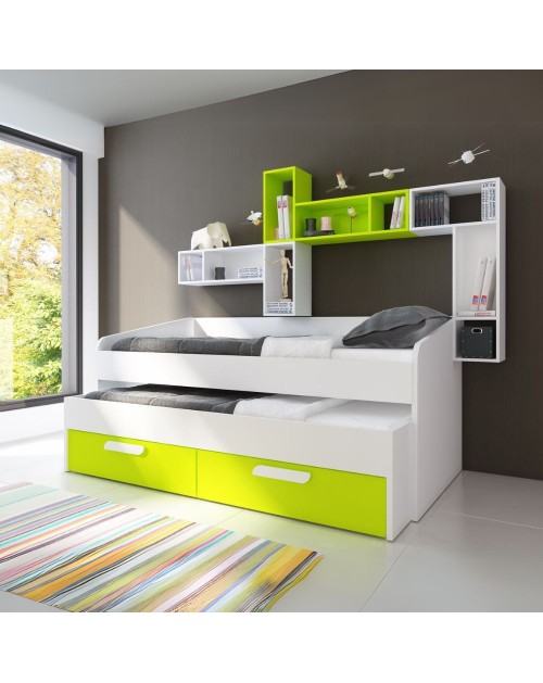 Doppio letto singolo 1141 con cassettoni estraibili colore bianco e lime 202x96.2x90H