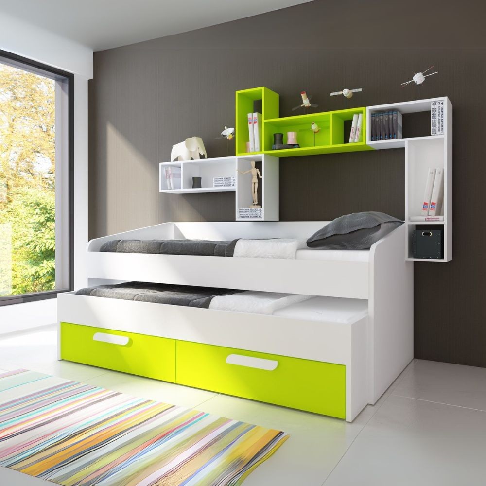 Doppio letto singolo 1141 con cassettoni estraibili colore bianco e lime 202x96.2x90H