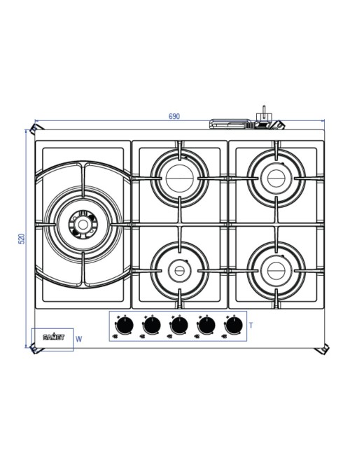 Piano Cottura gas 5 fuochi 70 cm vetro bianco Samet Dafne70