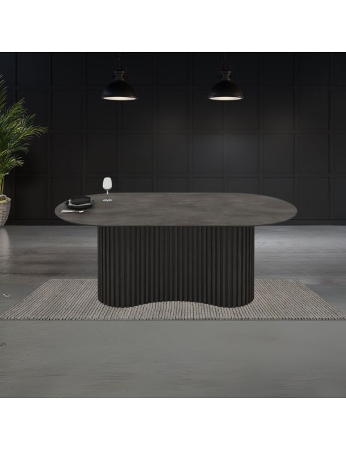 Tavolo ovale fisso piano effetto marmo ardesia opaco e base in Legno cannettata Oscar 200x100x76H