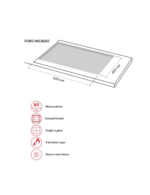 Piano Cottura gas 4 fuochi 60 cm vetro bianco Samet Dafne60