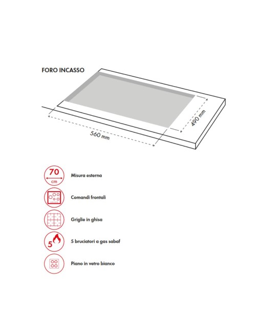 Piano Cottura gas 5 fuochi 70 cm vetro bianco Samet Dafne70
