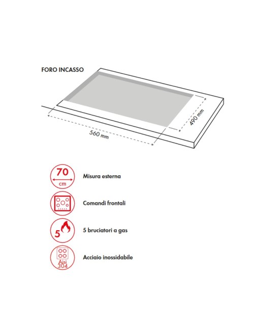 Piano Cottura gas 5 fuochi 70 cm acciaio inox Samet Ercole2
