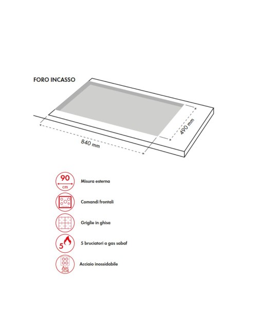 Piano Cottura gas 5 fuochi 90 cm acciaio inox Samet Nettuno90