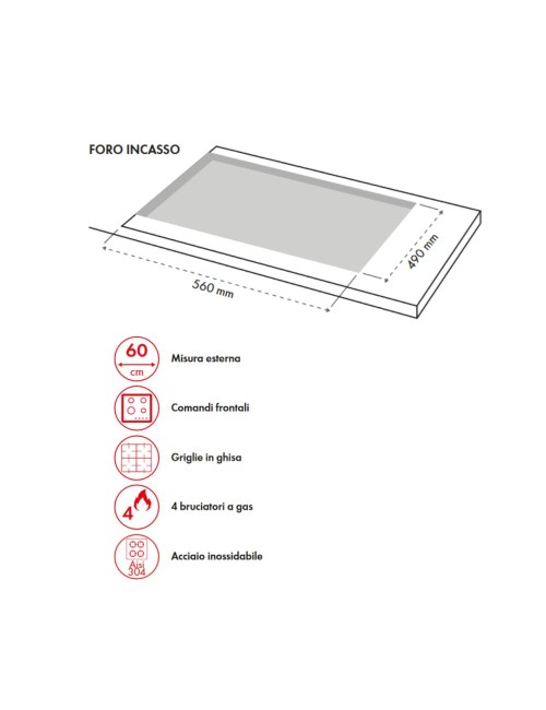 Piano Cottura gas 4 fuochi 60 cm acciaio inox Samet Sansone60