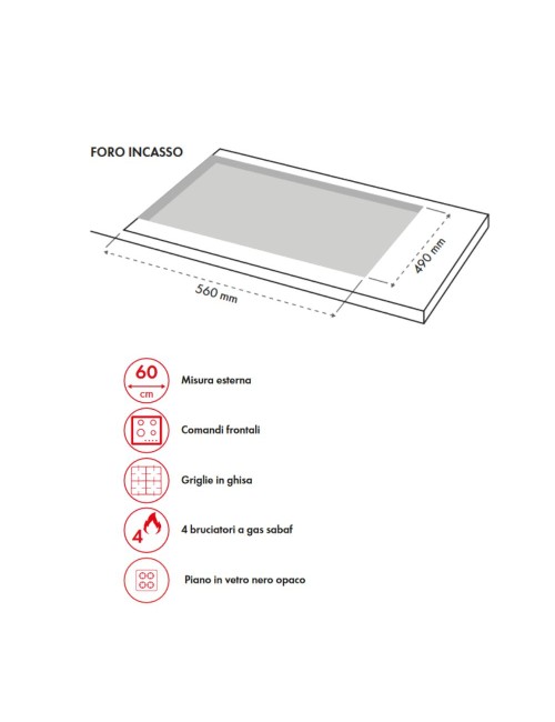 Piano Cottura gas 4 fuochi 60 cm vetro temperato satinato nero opaco Samet Zacinto60