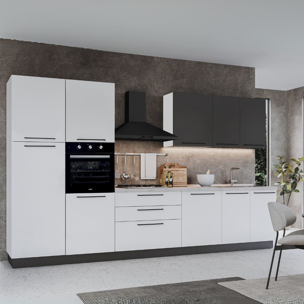 Cucina 360 cm con elettrodomestici Iris colore bianco lucido e pensili grafite